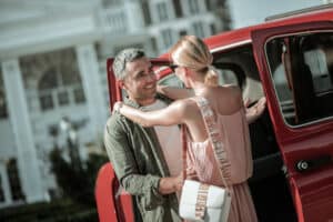 Man happy to see his wife